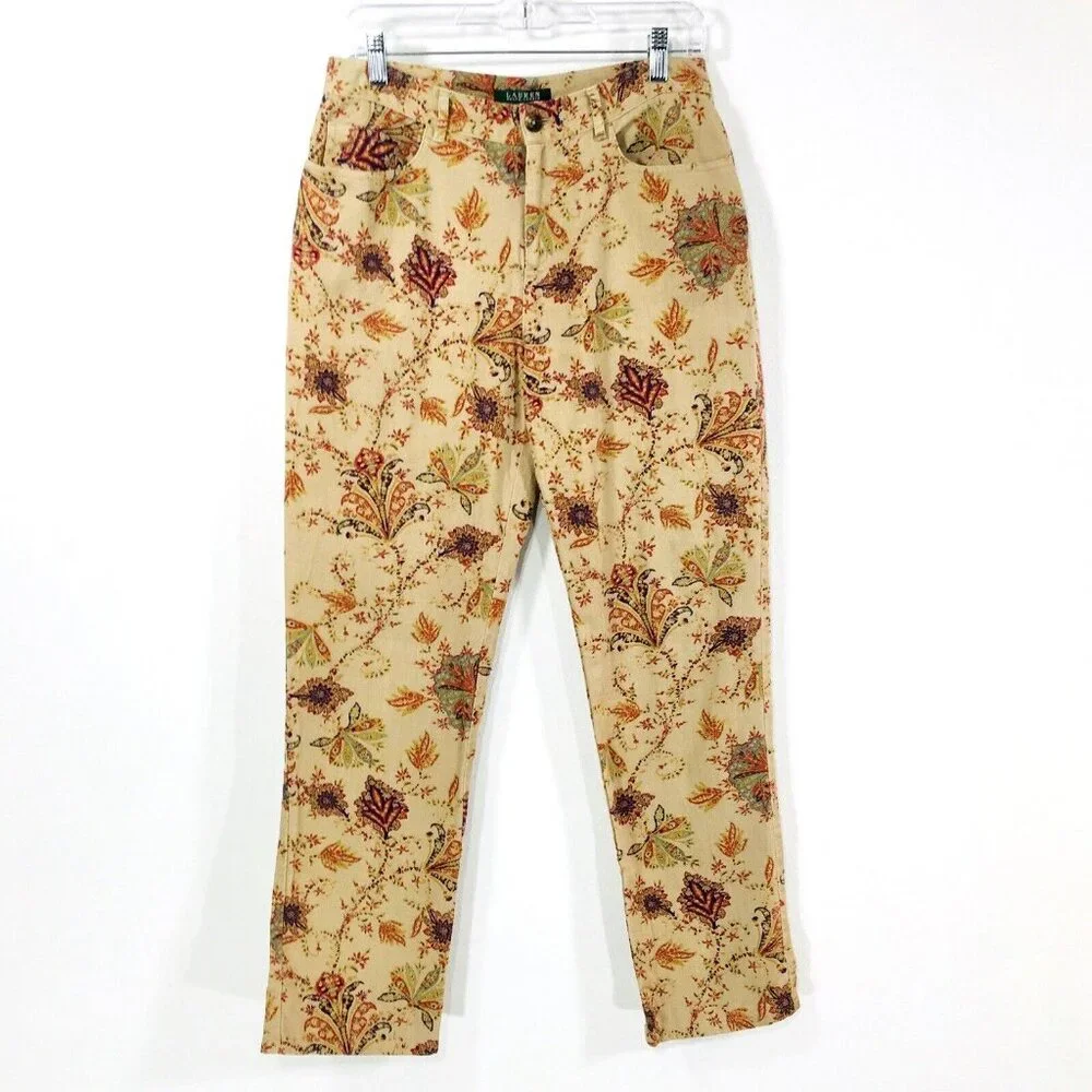 Lauren Ralph Lauren Vtg Cotton Stretch Jeans Sz 6 Beige Paisley Print 5 Pocket
